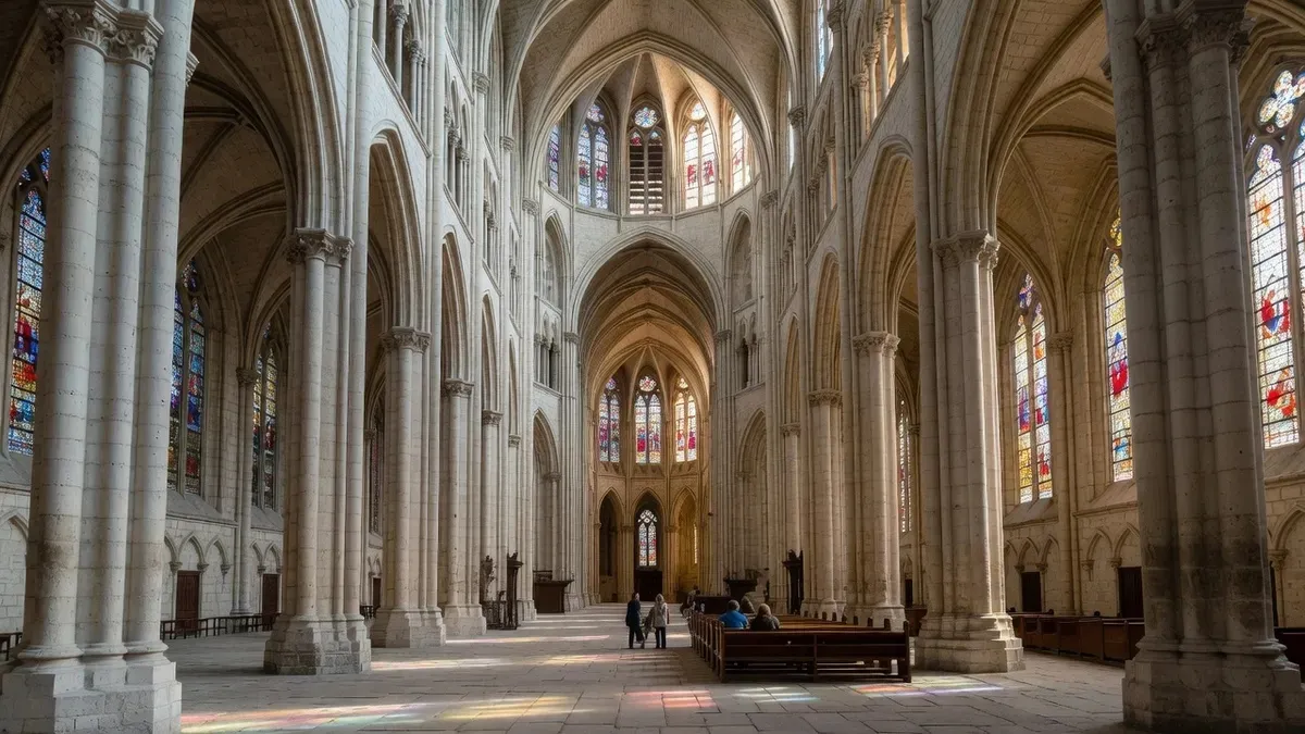 The soaring Gothic nave and lantern tower seen inside the cathedral on a rouen cathedral tour in Rouen, France