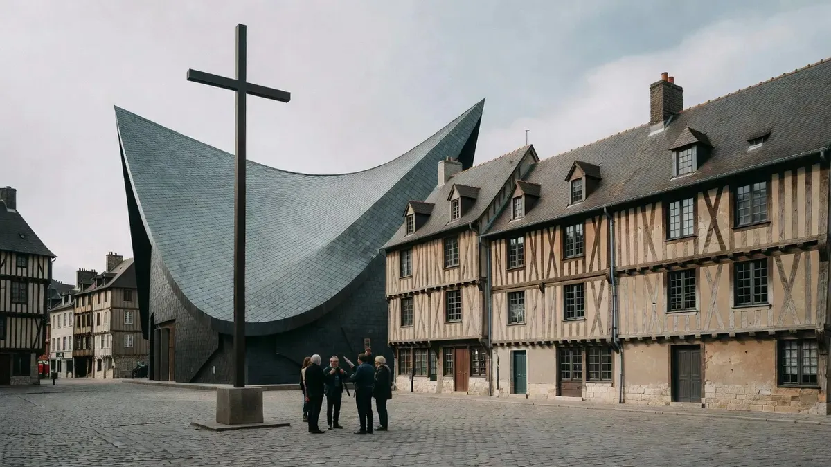 The Place du Vieux-Marché and modern church marking Joan of Arc's execution site on a rouen cathedral tour in Rouen, France